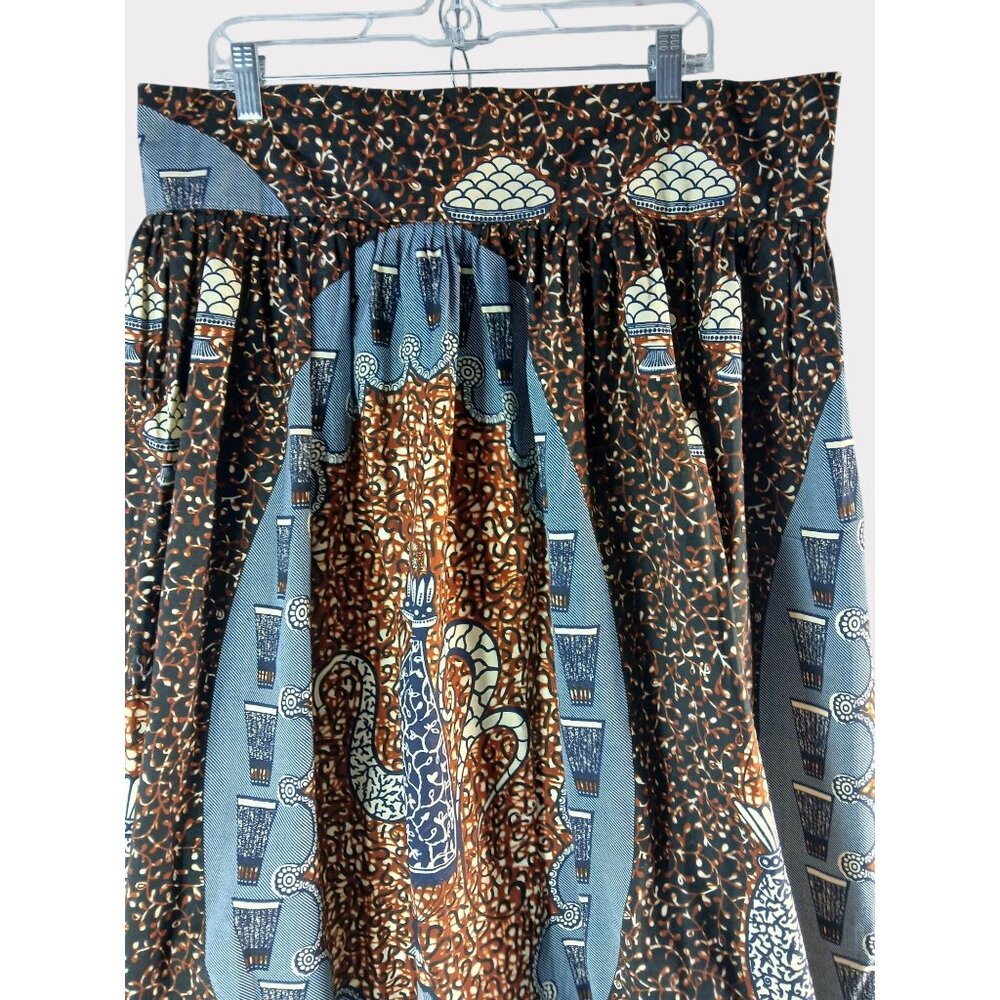 AB Fashions Womens Long Skirt Ankara Size XL Cotton Brown Blue High Waist 38" - Picture 2 of 9